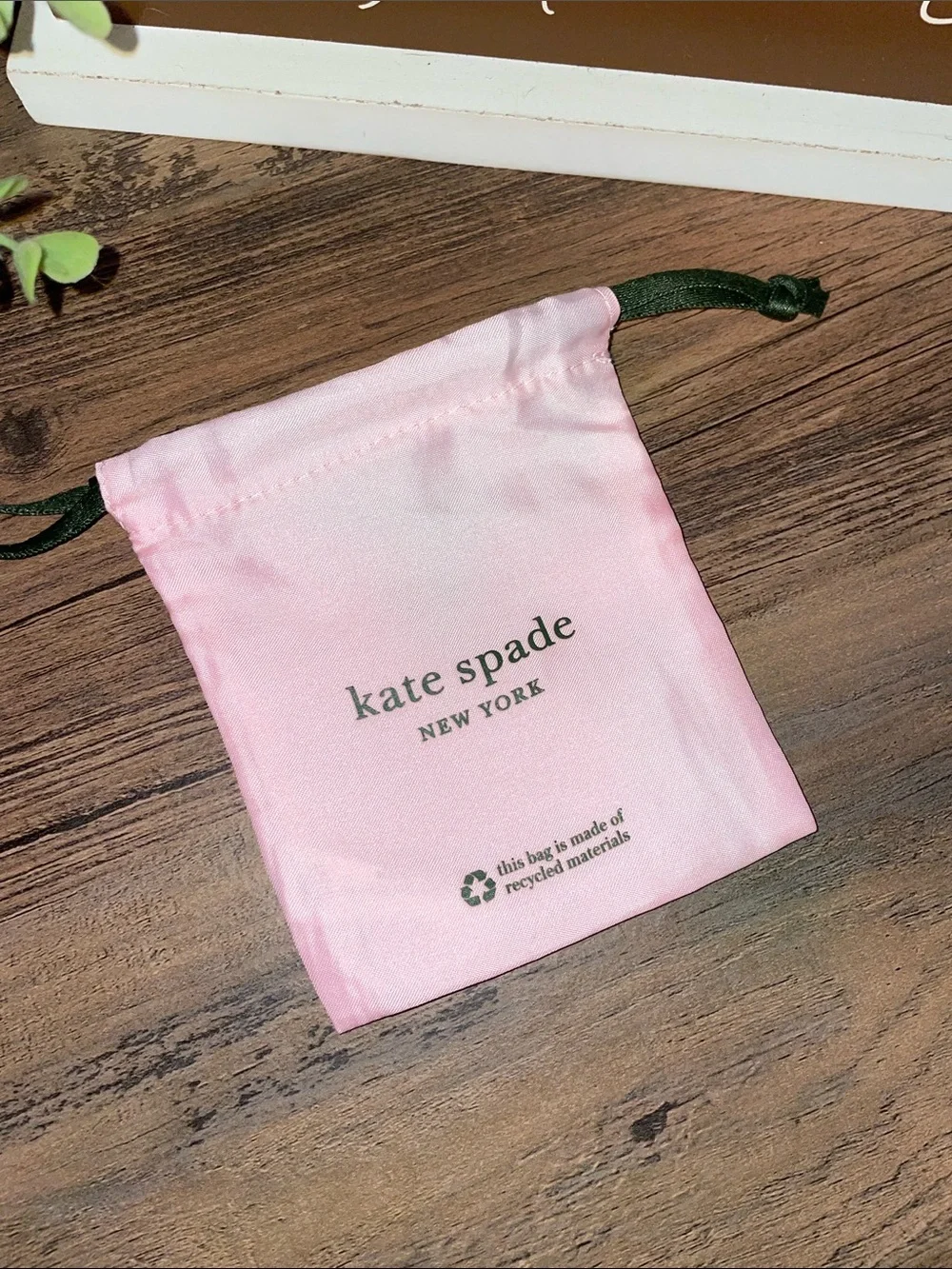 Kate Spade Pink Mini dust Drawstring Jewelry Pouch with Dark Green cord